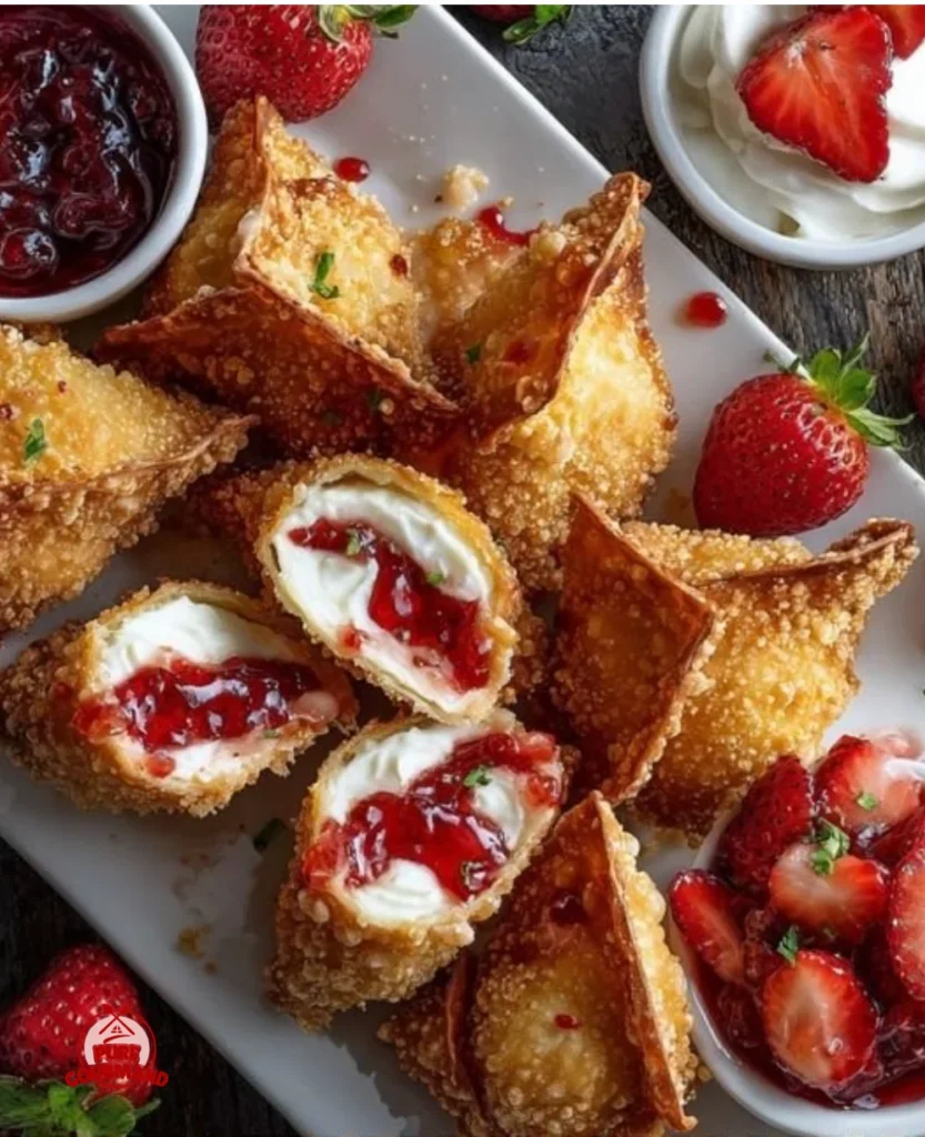 Plate of crispy Strawberry Cheesecake Wontons with fresh strawberries