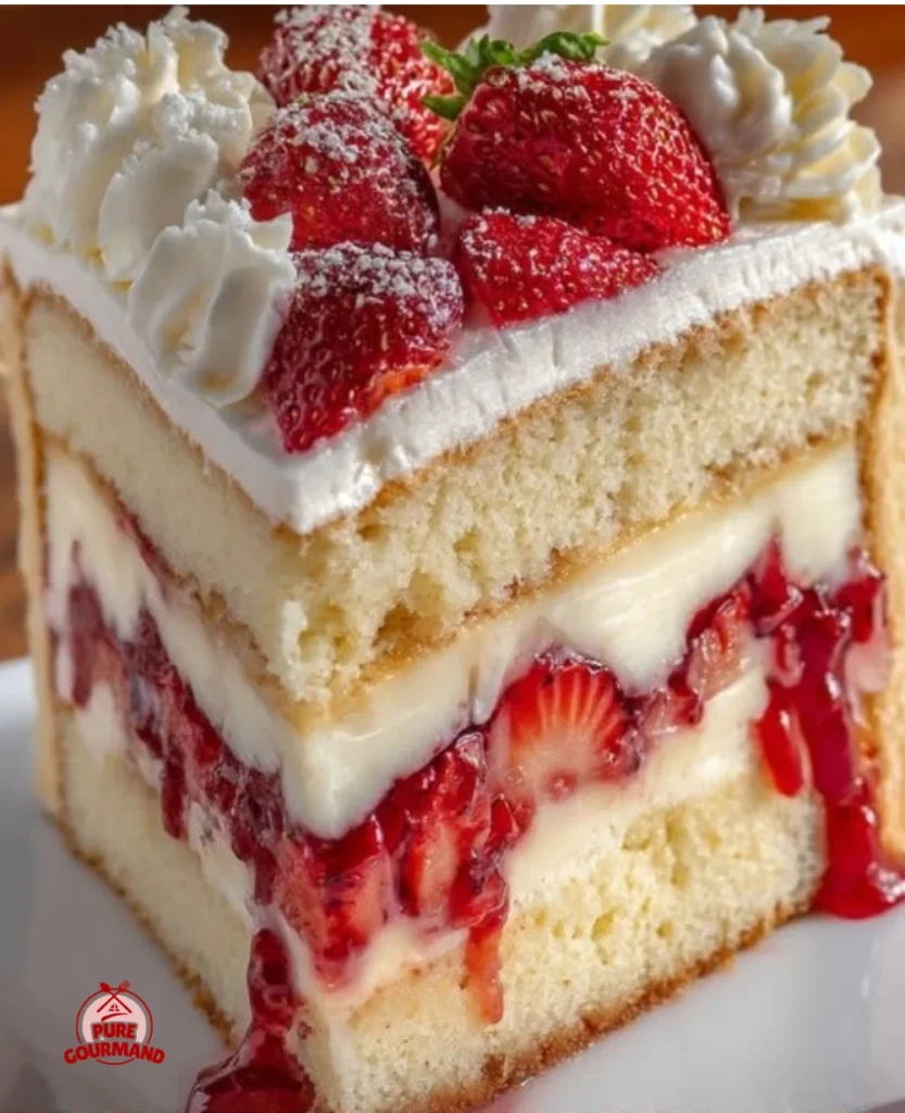 Delicious strawberry custard cake with fresh strawberries and cream topping