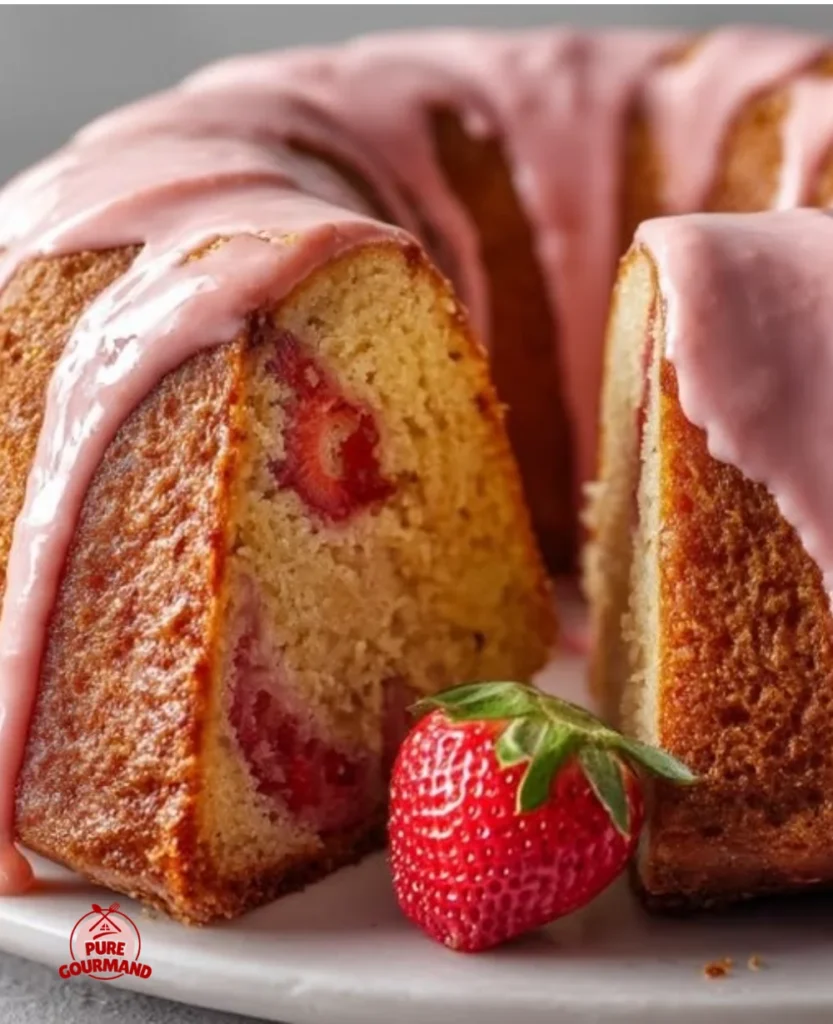 Delicious homemade moist strawberry pound cake topped with fresh strawberries