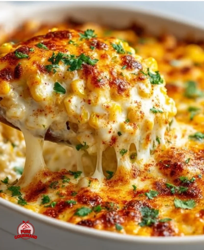Delicious Street Corn Chicken Casserole topped with melted cheese and fresh ingredients