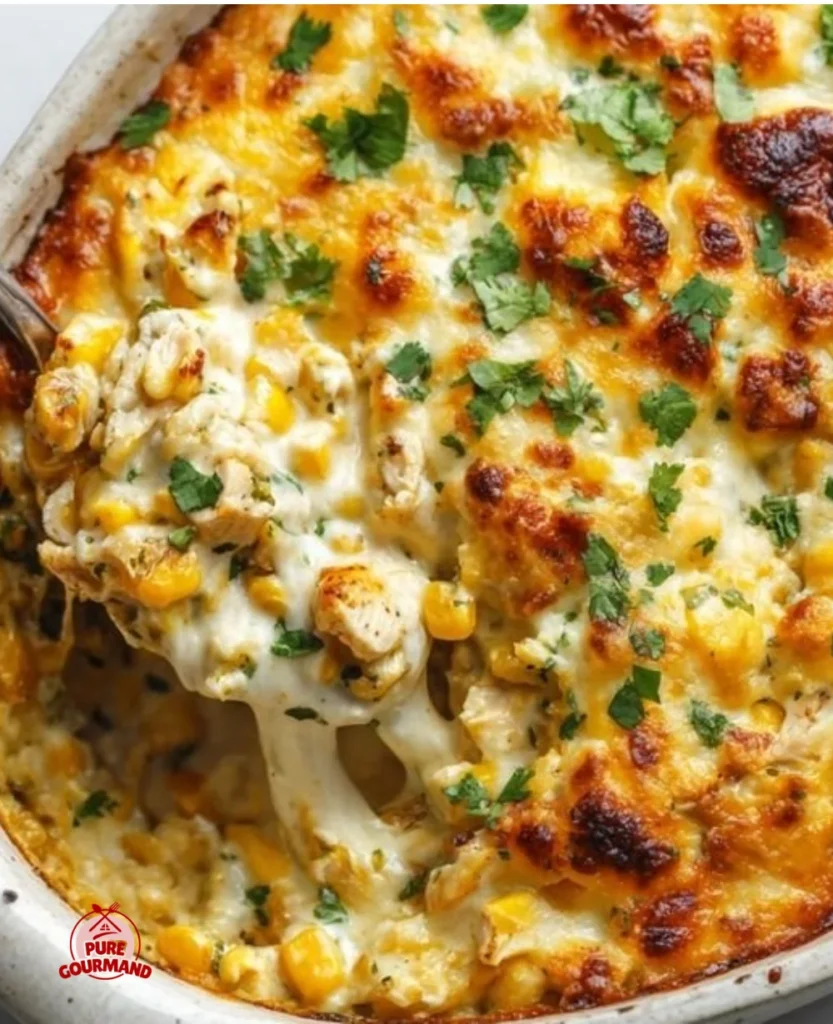 Creamy street corn chicken casserole topped with cheese and served in a baking dish.