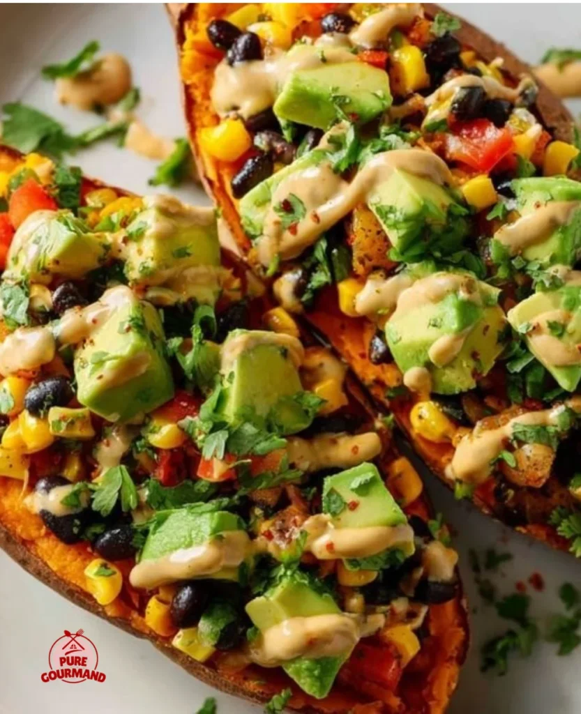 Stuffed sweet potatoes topped with black bean and corn salsa on a plate