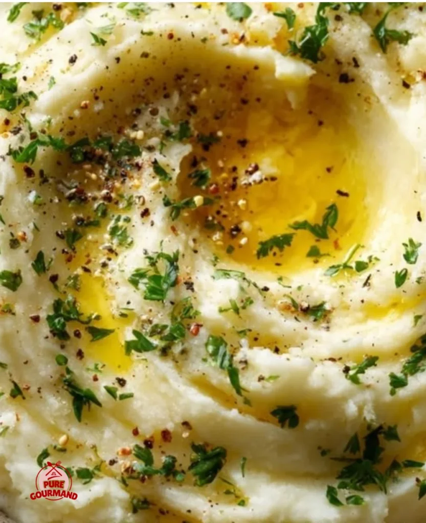 Creamy mashed potatoes served in a bowl with butter and herbs