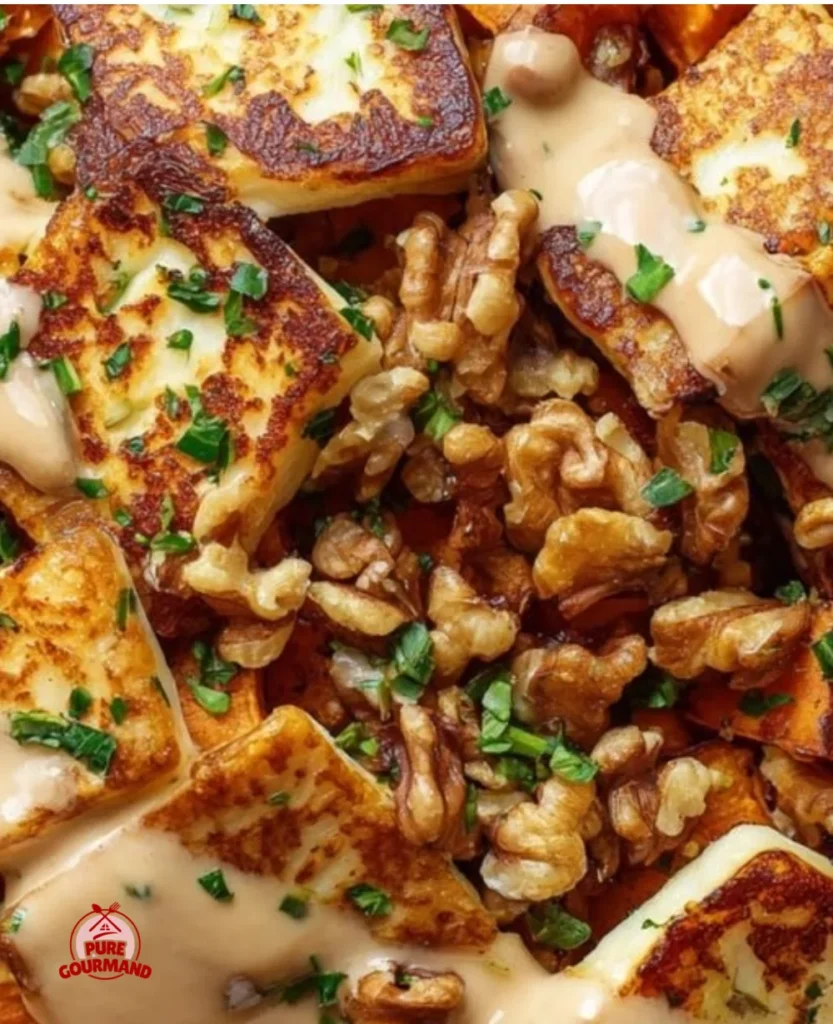 A colorful Halloumi Sweet Potato Bowl garnished with fresh herbs and spices.