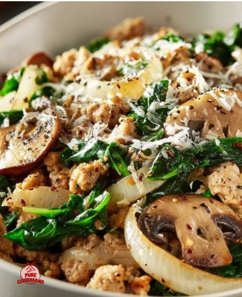 Delicious Turkey Spinach Mushroom Skillet in a frying pan