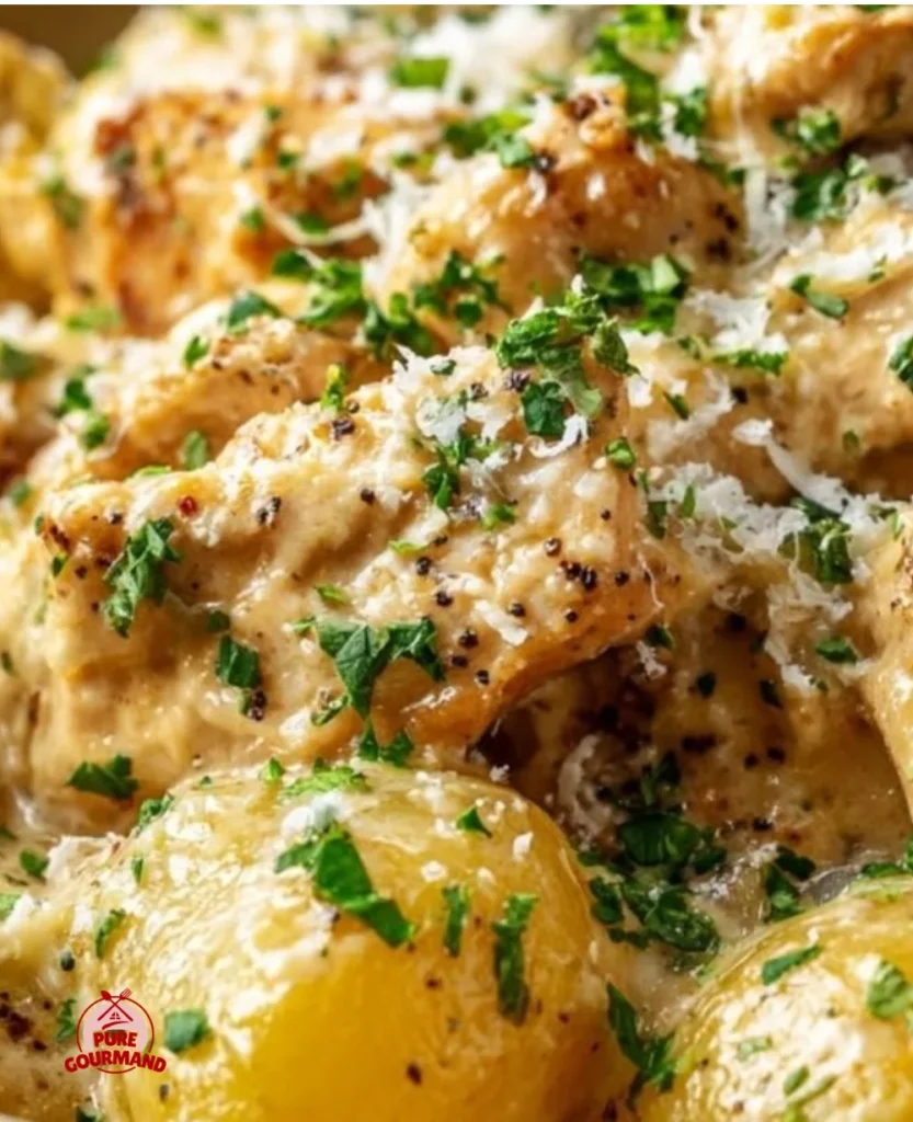Ultimate Crockpot Garlic Parmesan Chicken with potatoes in a slow cooker