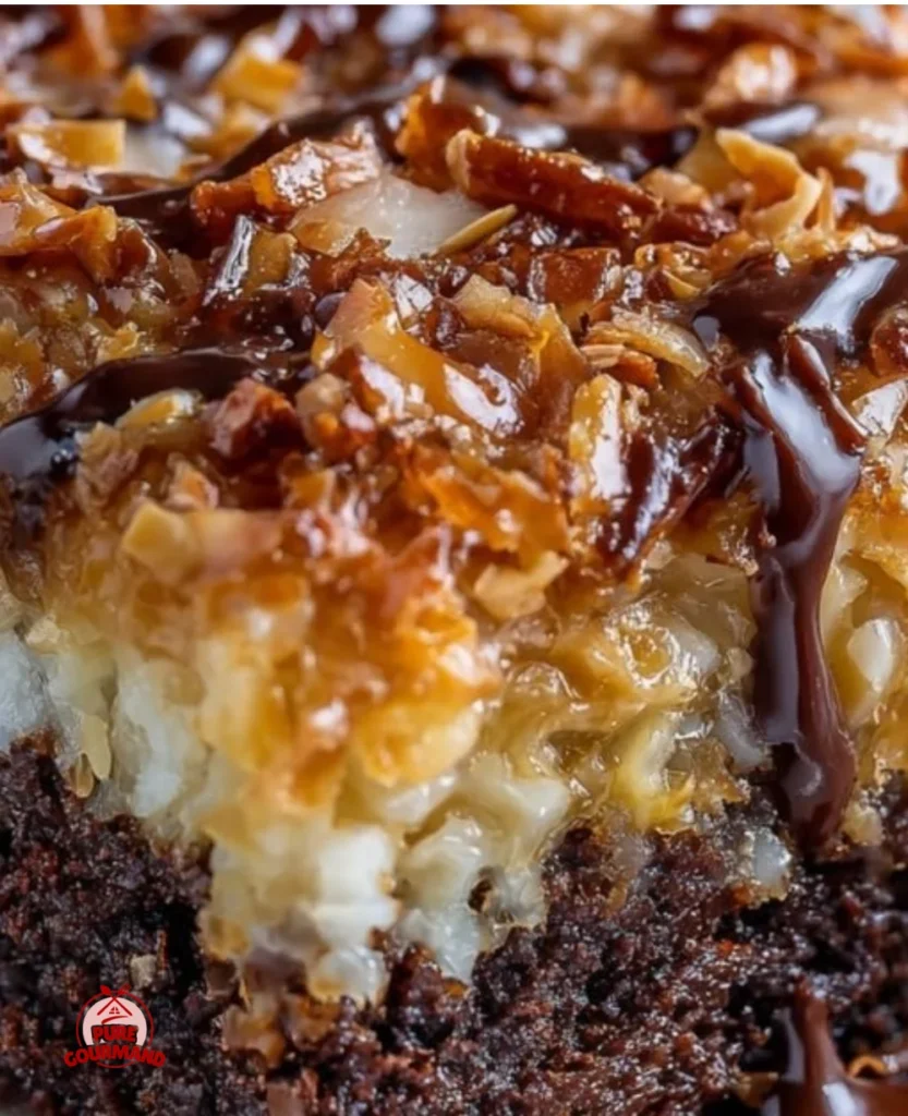 Ultimate German Chocolate Poke Cake topped with coconut pecan frosting