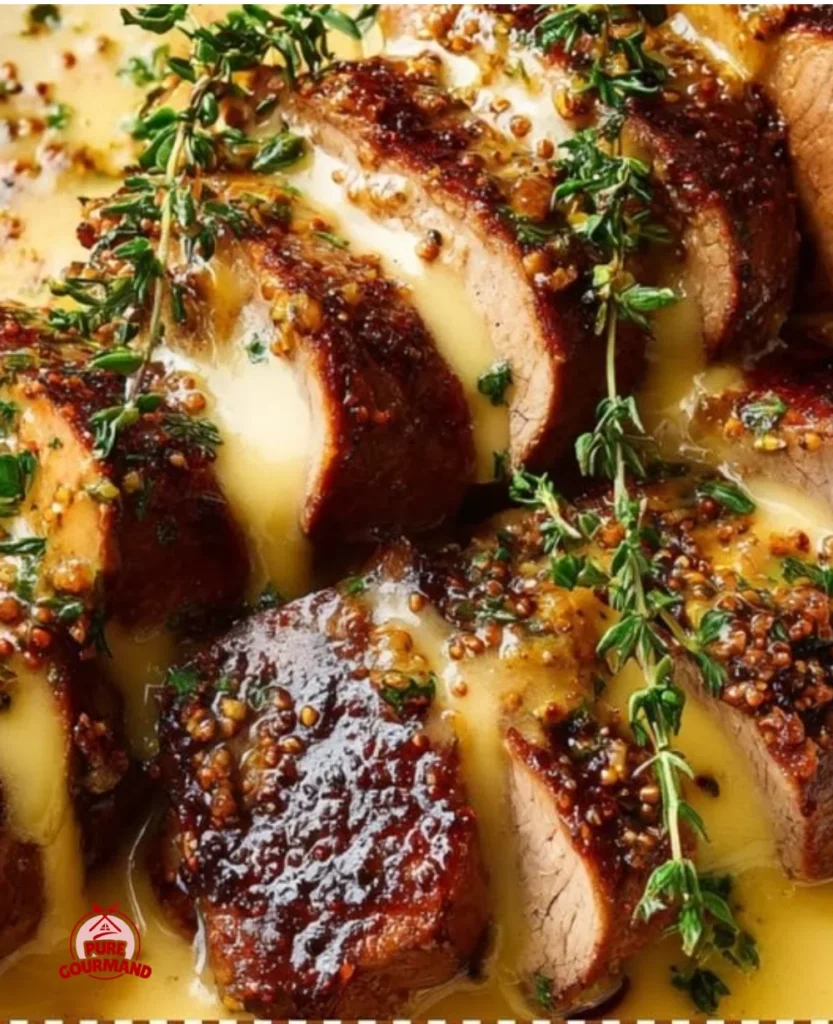 Pan-seared pork tenderloin with Dijon cream sauce on a plate.