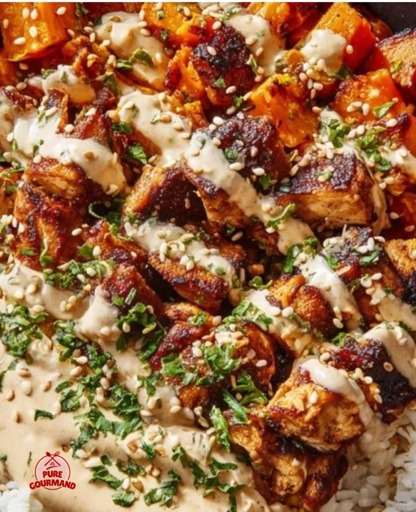 A healthy chicken sweet potato bowl with vibrant vegetables and herbs.