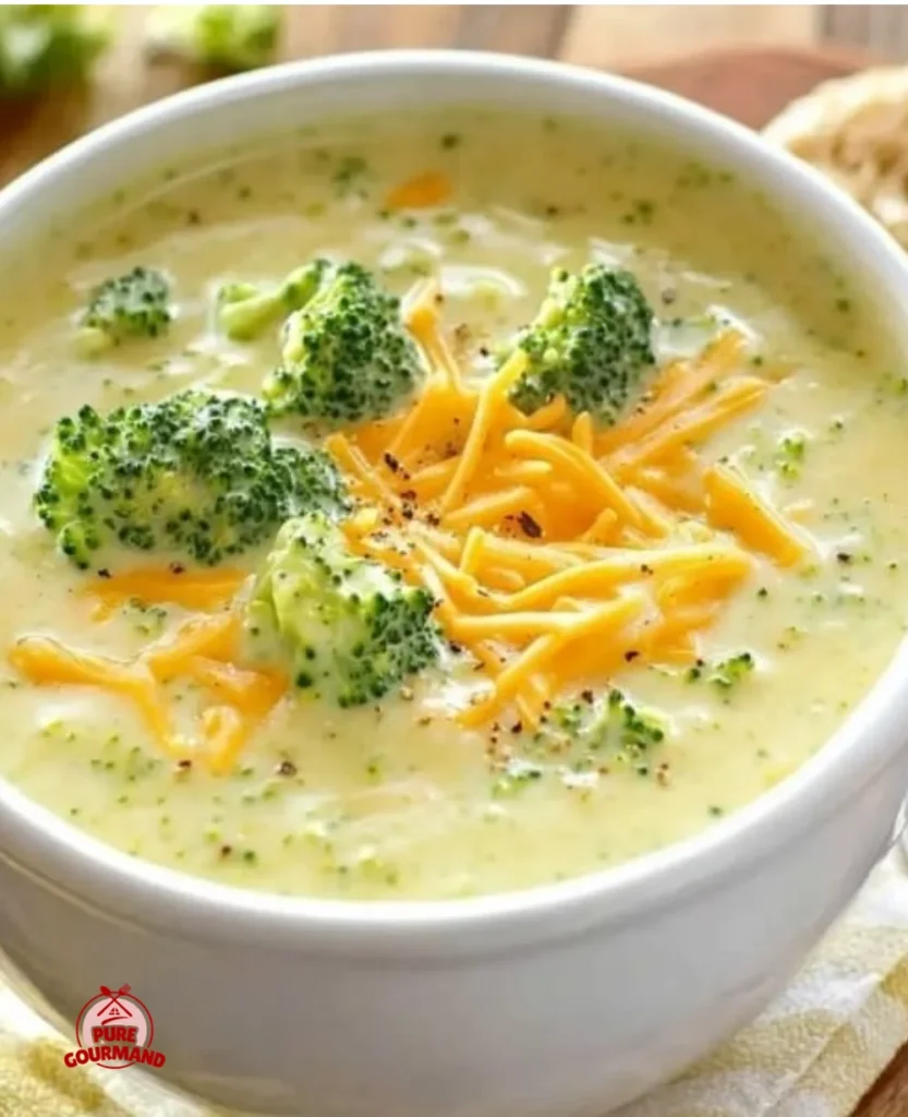 Bowl of homemade broccoli cheddar soup inspired by Panera bread