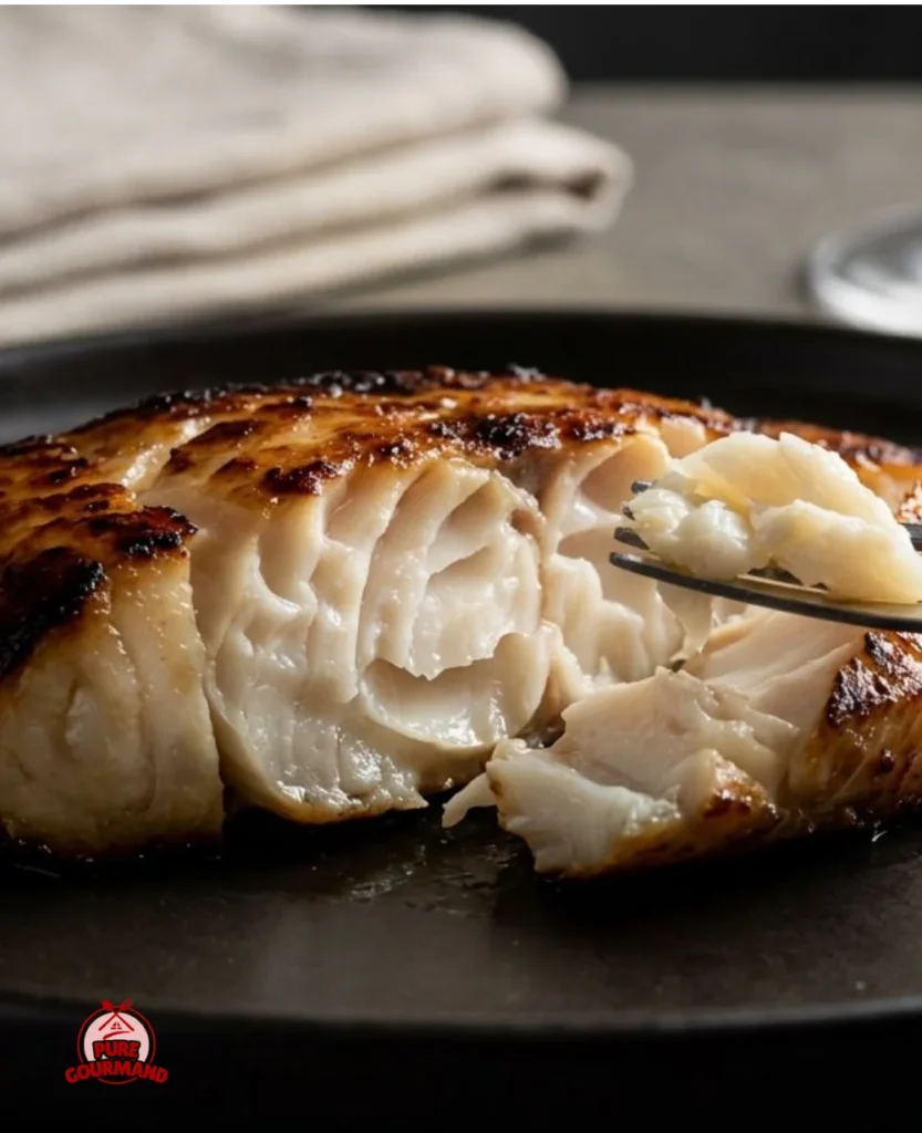 Plate of Nobu's famous miso-marinated black cod garnished with herbs