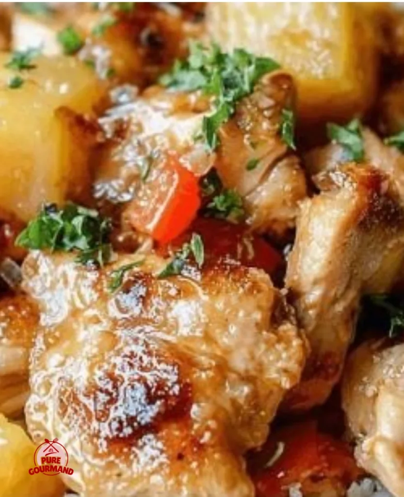 Hawaiian chicken thighs with pineapple and ginger in a skillet