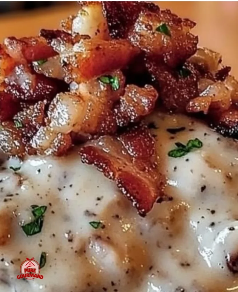 Delicious Bacon Biscuit and Gravy served on a plate