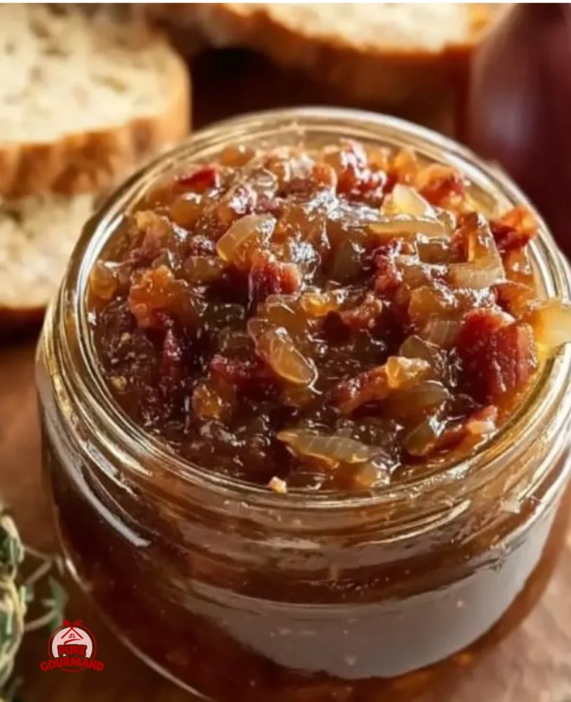 Bacon caramelized onion jam in a glass jar with a spoon, served on a wooden table.