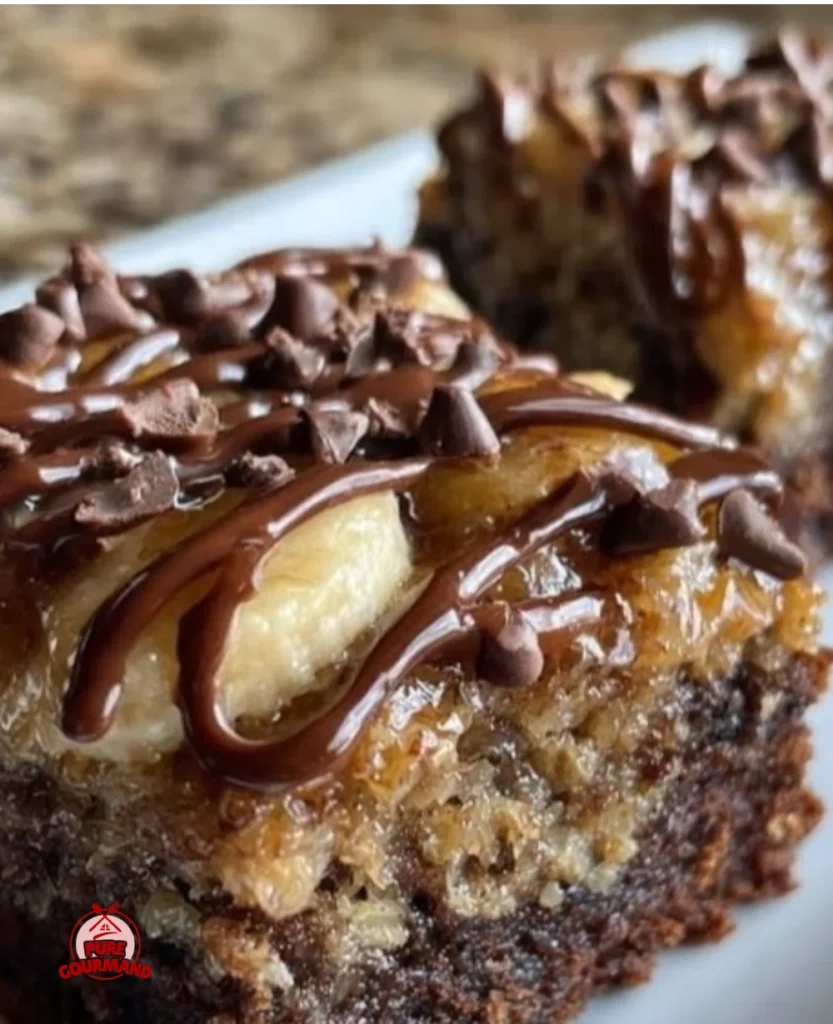 Delicious banana bread brownies with chocolate swirls on a wooden platter