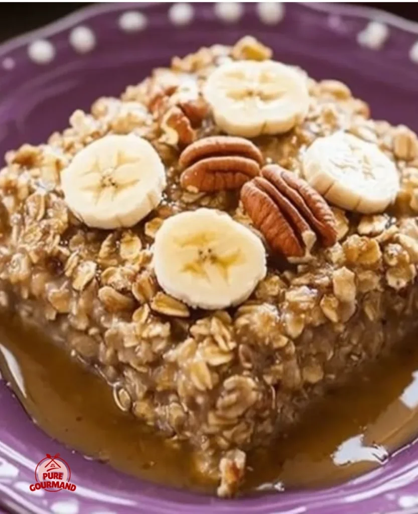 Delicious banana pecan baked oatmeal served in a bowl, perfect for breakfast.