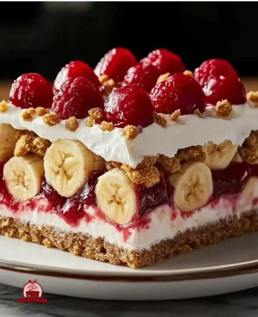 Layered no-bake banana split cake with whipped cream and fresh fruits