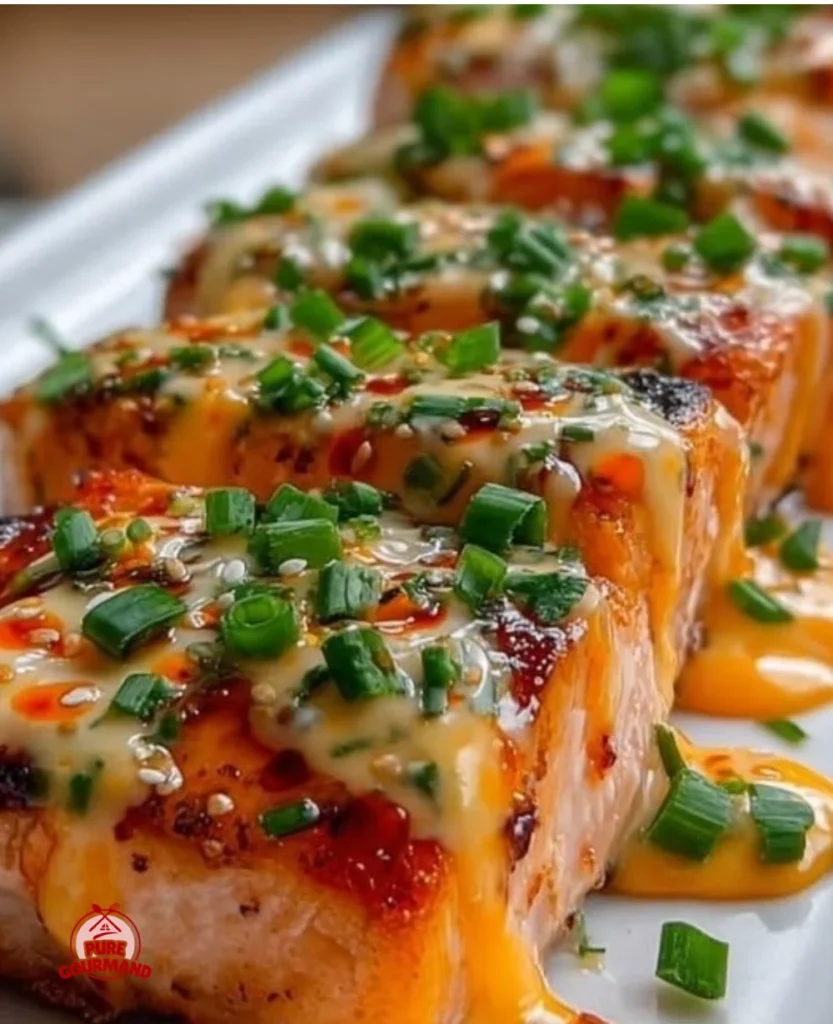 Creamy and spicy Bang Bang Salmon dish served on a plate with vegetables