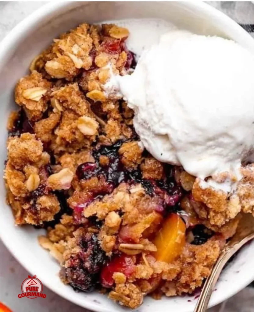 Delicious blueberry peach crumble freshly baked and served in a rustic dish.