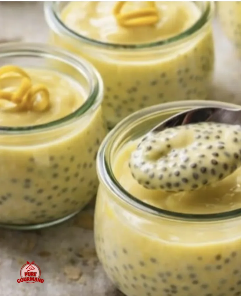 Bright lemon chia seed pudding in a glass topped with fresh lemon zest.