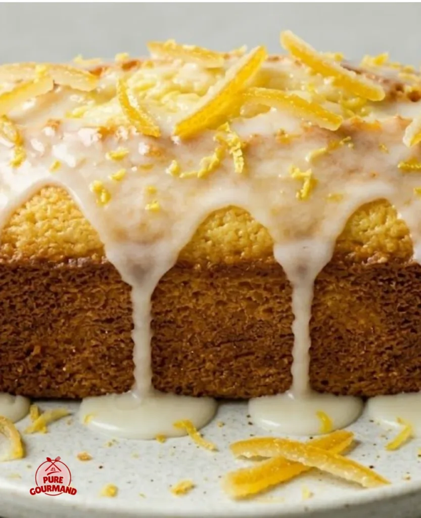 Bright lemon loaf with browned butter blondie served on a plate.
