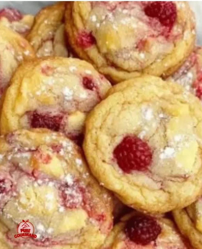 Bright lemon raspberry cookies arranged on a plate, showcasing their vibrant colors.