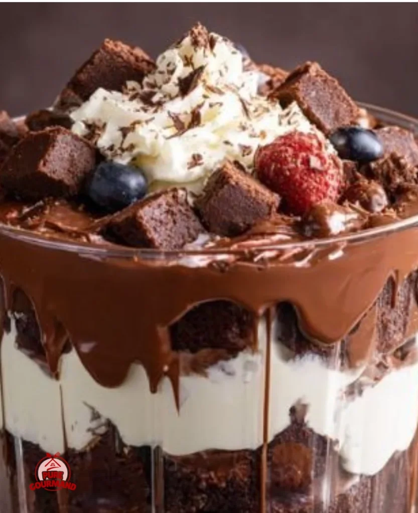 Delicious brownie trifle with layers of chocolate, cream, and toppings