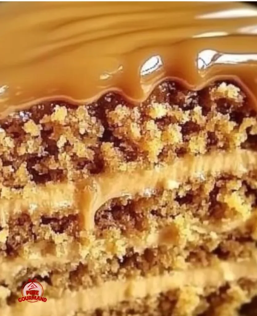 Delicious butterscotch cake with creamy caramel frosting on a rustic table