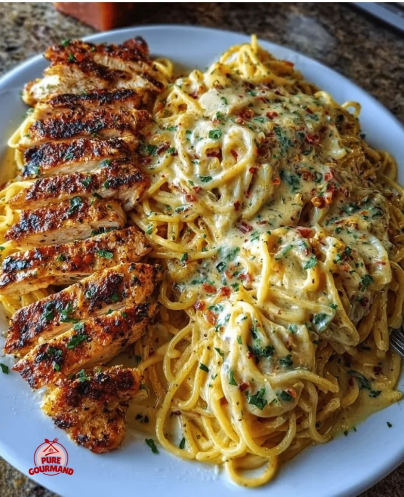 Bowl of flavorful Cajun Chicken Spaghetti garnished with herbs