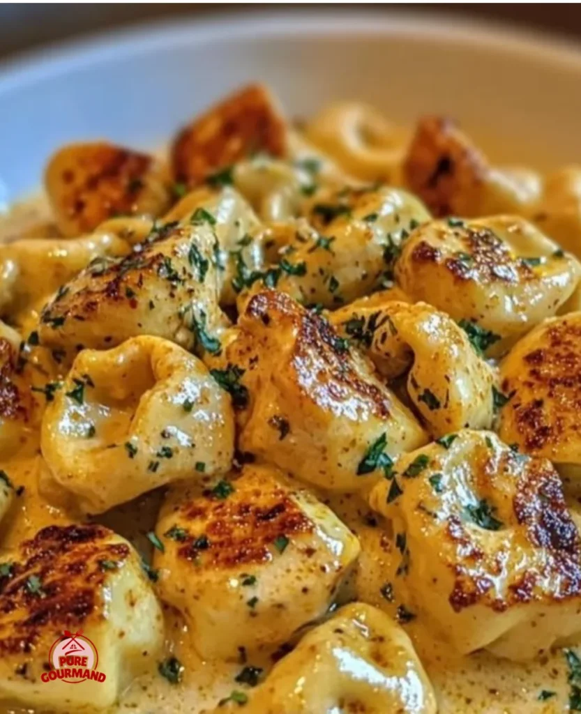 Cajun Chicken Tortellini topped with creamy garlic sauce in a cozy dish