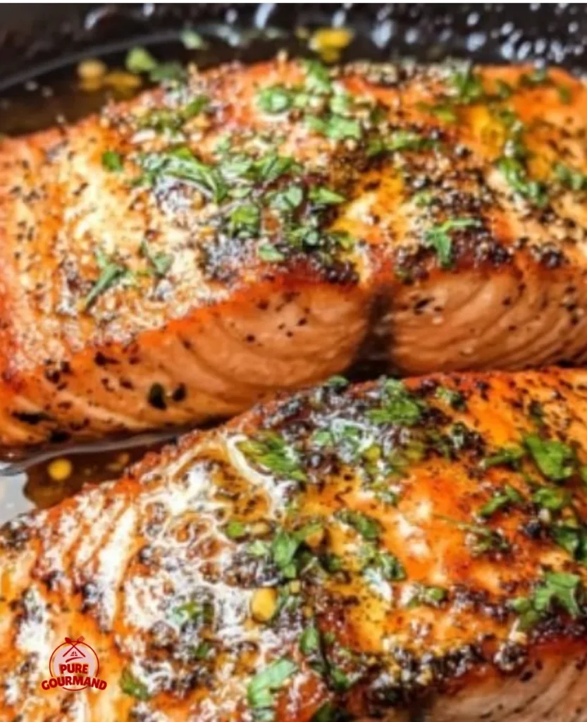 Cajun Honey Butter Salmon garnished with herbs on a plate