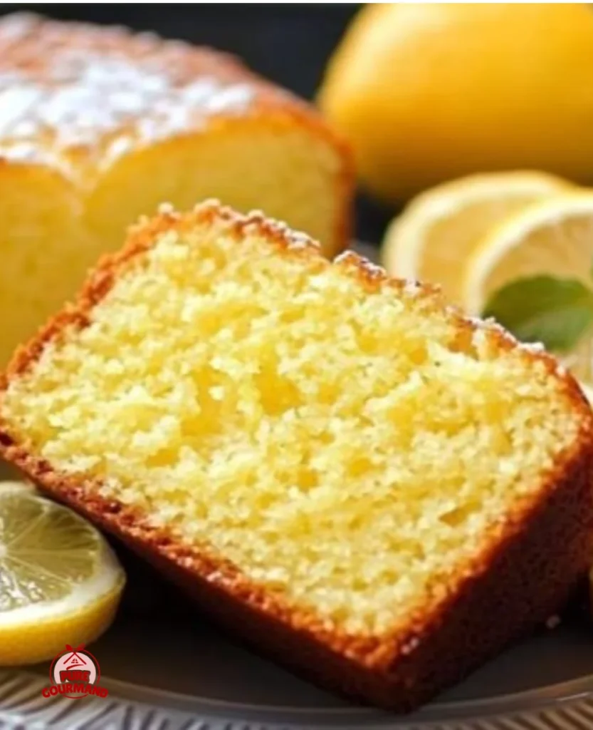 Delicious slice of Cake au Citron on a plate garnished with lemon slices