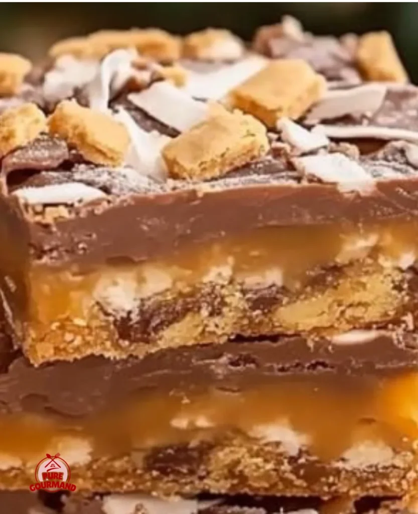 Delicious cake mix toffee bars served on a plate with chocolate drizzle