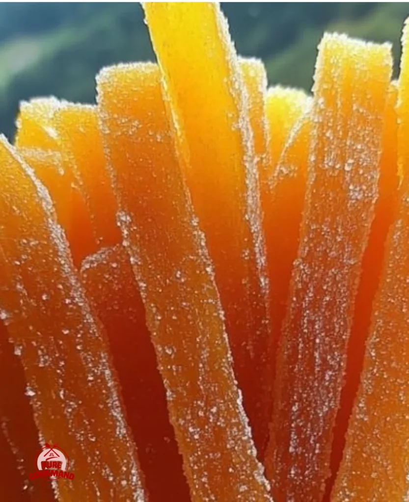Homemade candied orange peels on a wooden table
