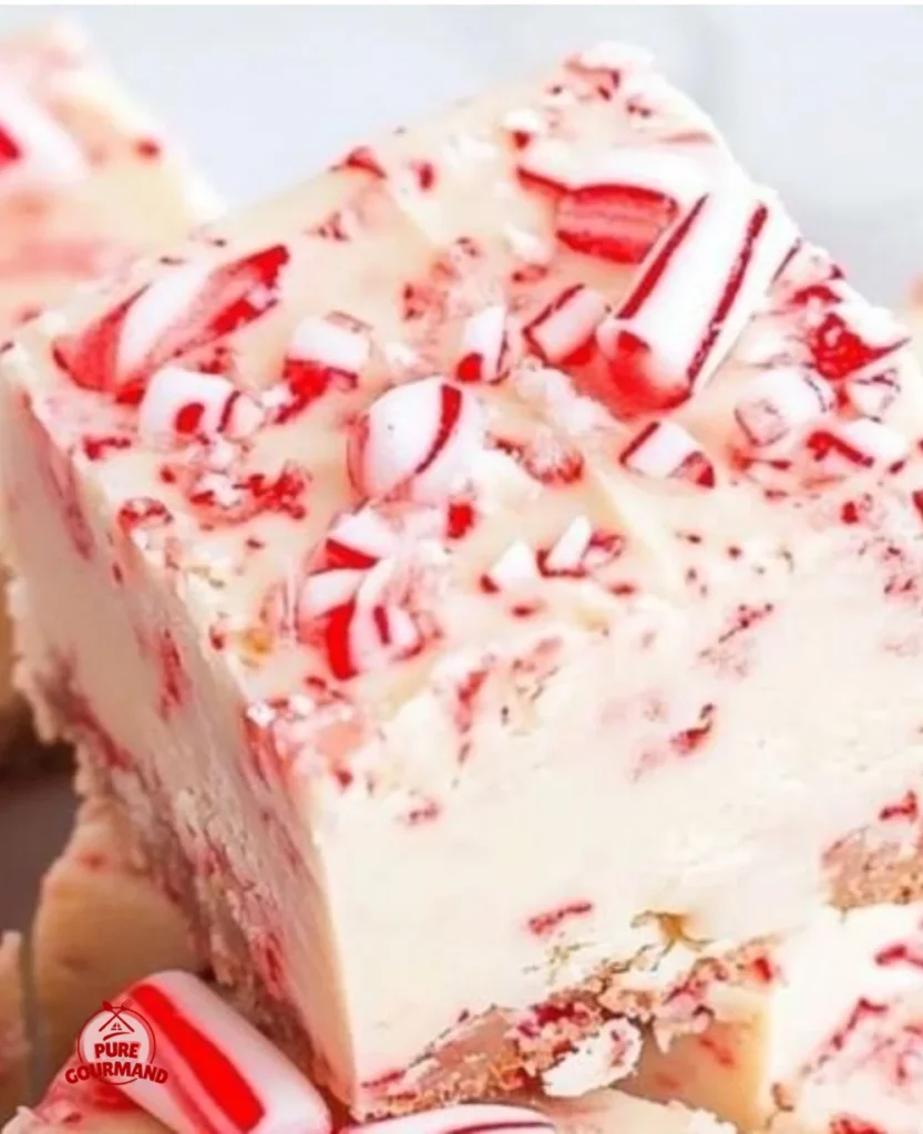 Delicious homemade Candy Cane Fudge topped with crushed candy canes for a festive touch.