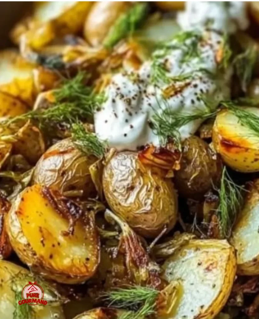 Caramelised fennel and potatoes with creamy tahini served in a rustic bowl