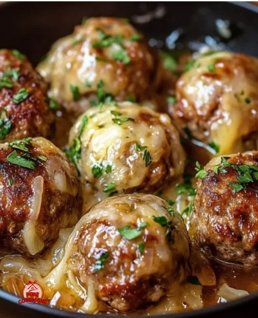 Deliciously caramelized French onion meatballs served on a plate