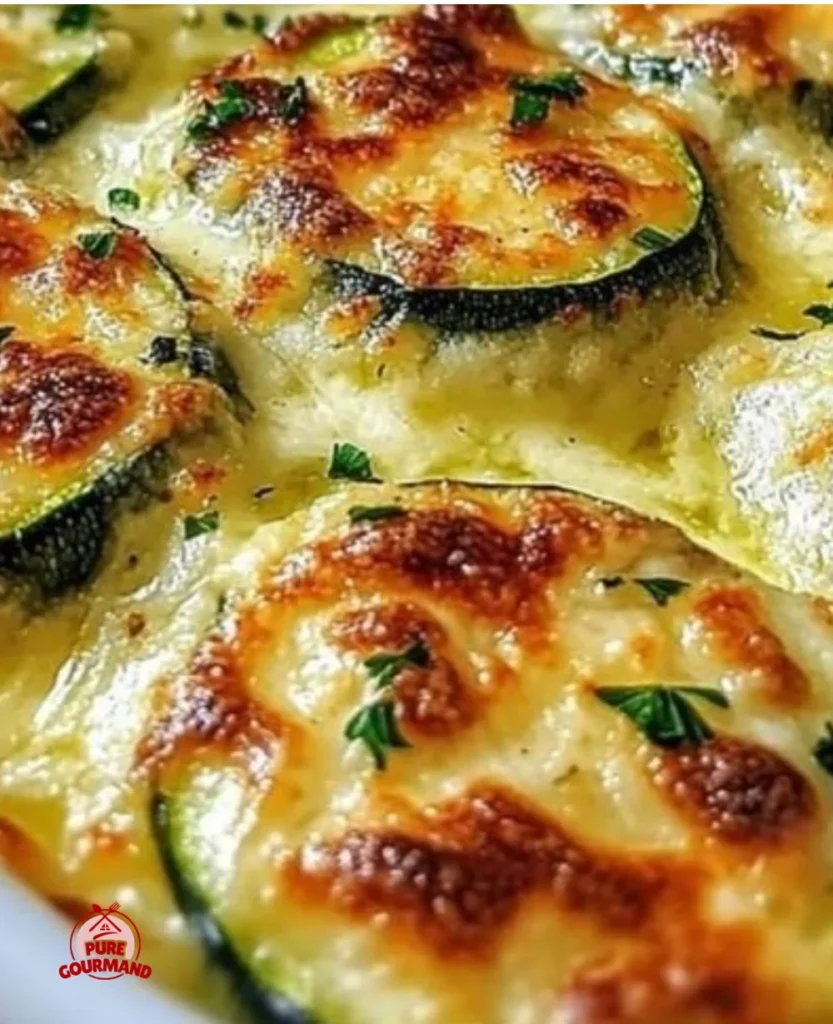 Cheesy baked zucchini dish topped with garlic and cheese, perfect for summer