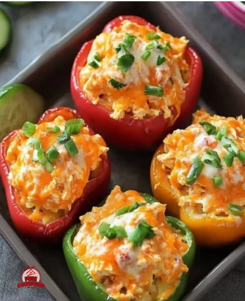 Cheesy Buffalo Chicken Stuffed Peppers topped with cheese and spices