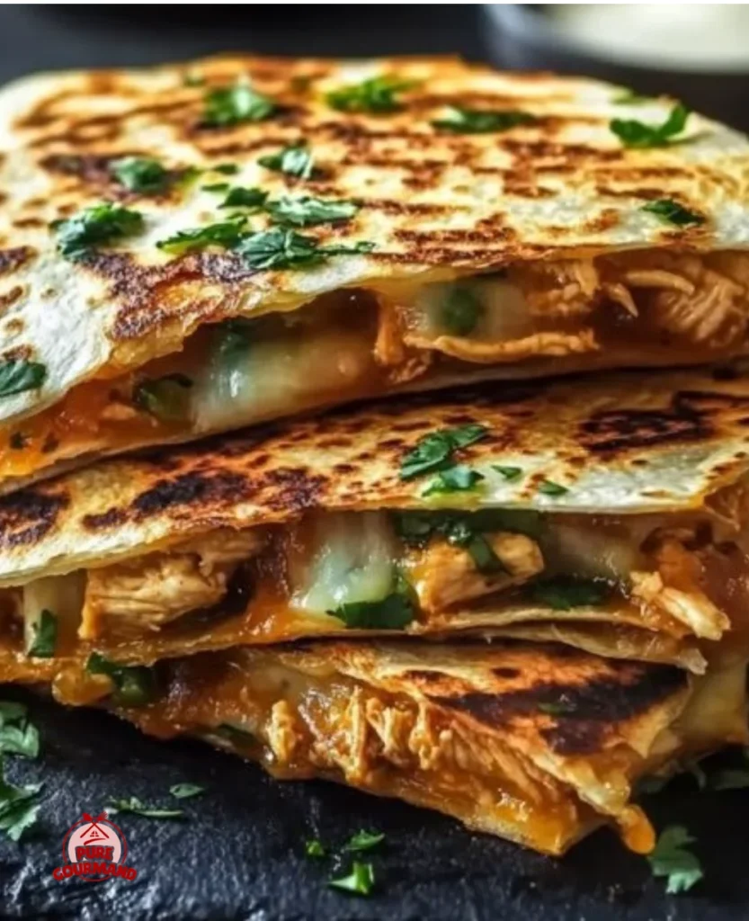 Cheesy hot honey chicken quesadillas served on a plate with dipping sauce.