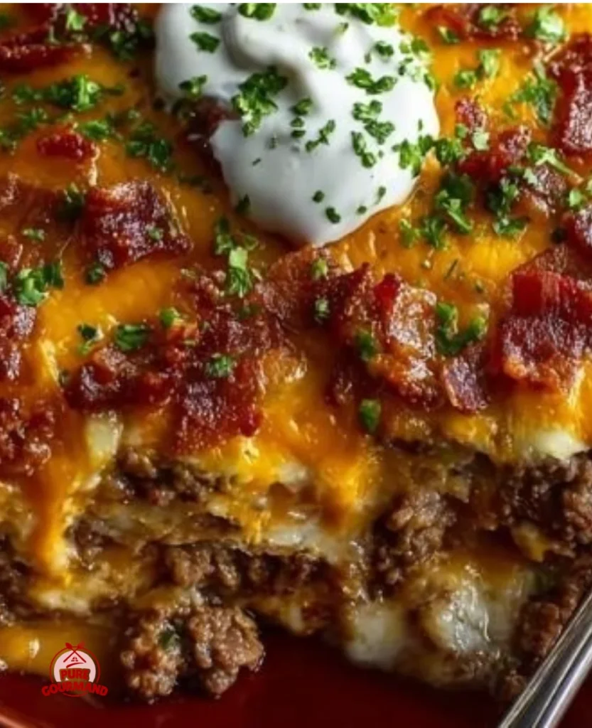 Delicious Cheesy Loaded Meatloaf Casserole served on a plate
