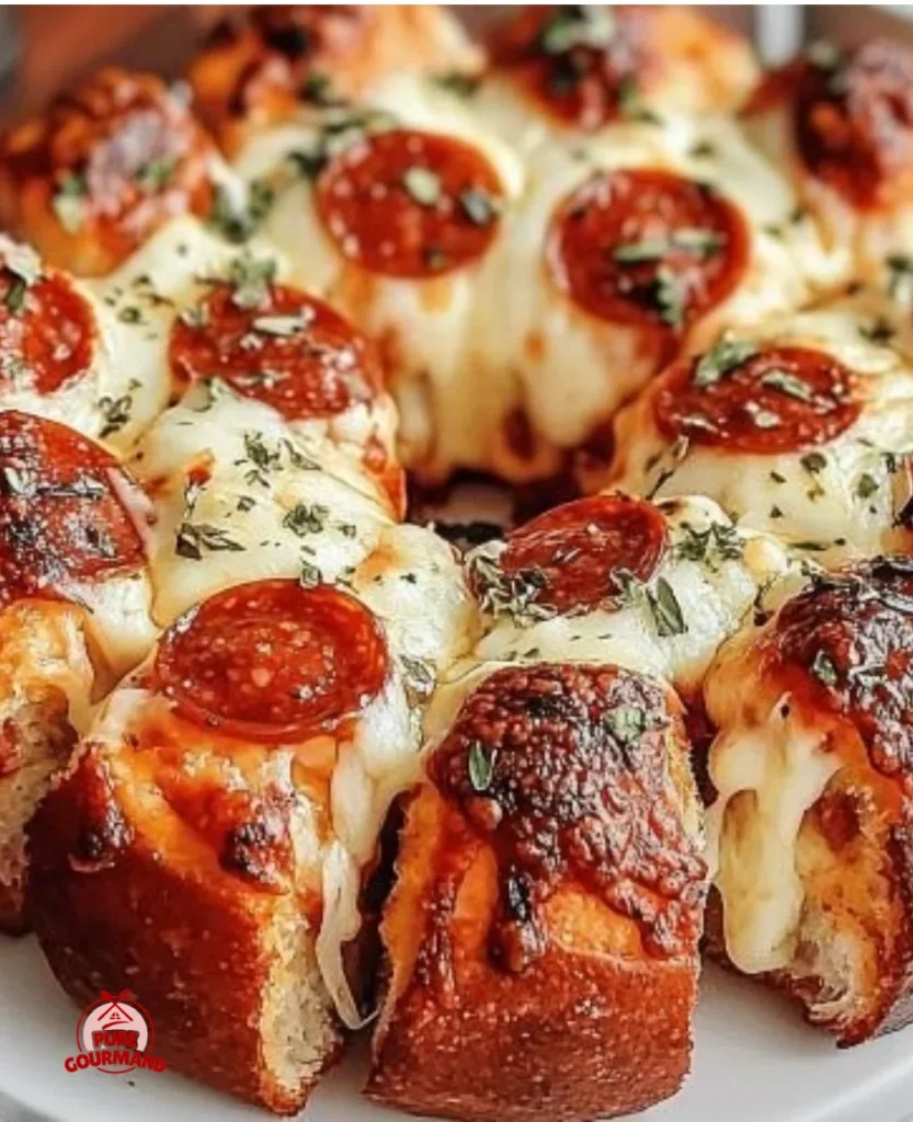 Cheesy pull apart pizza bread served at a gathering, perfect for sharing and enjoying