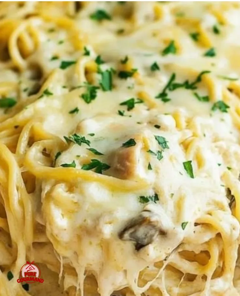 Delicious Chicken Tetrazzini served in a creamy sauce with pasta.