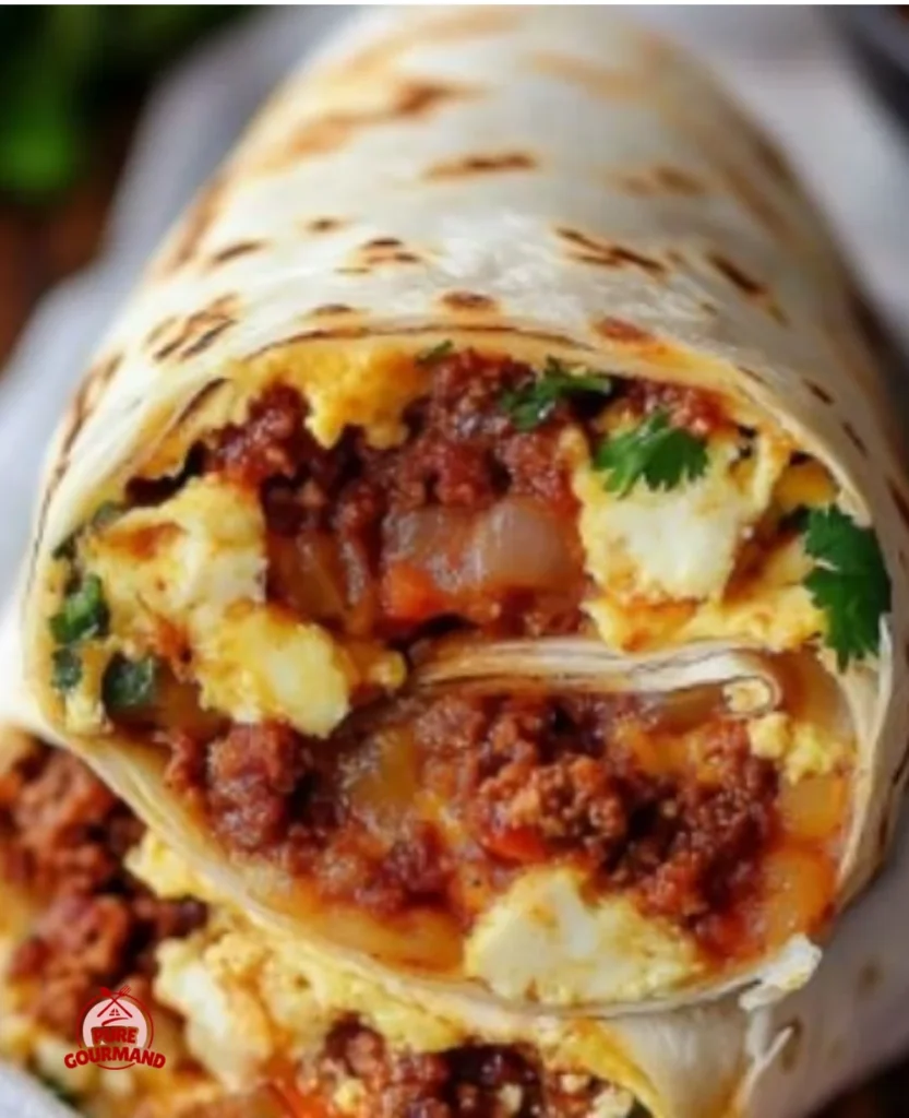 Delicious chorizo breakfast burrito wrapped in a warm tortilla.