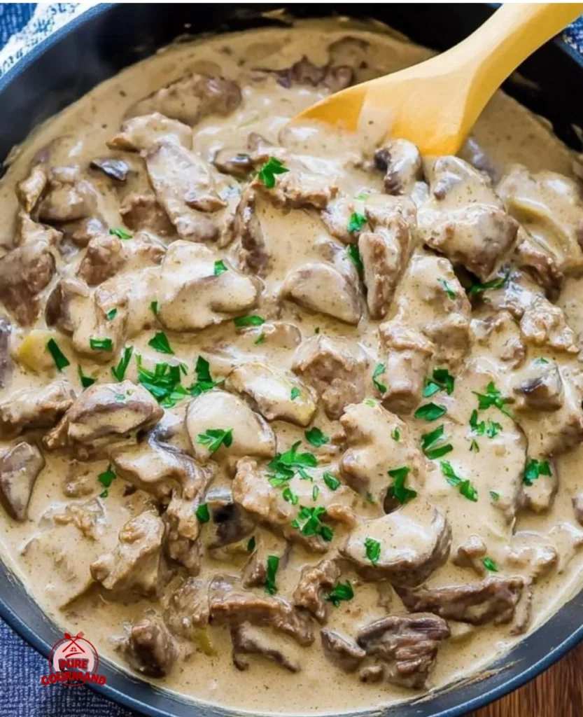 A delicious serving of classic Beef Stroganoff with creamy sauce and mushrooms