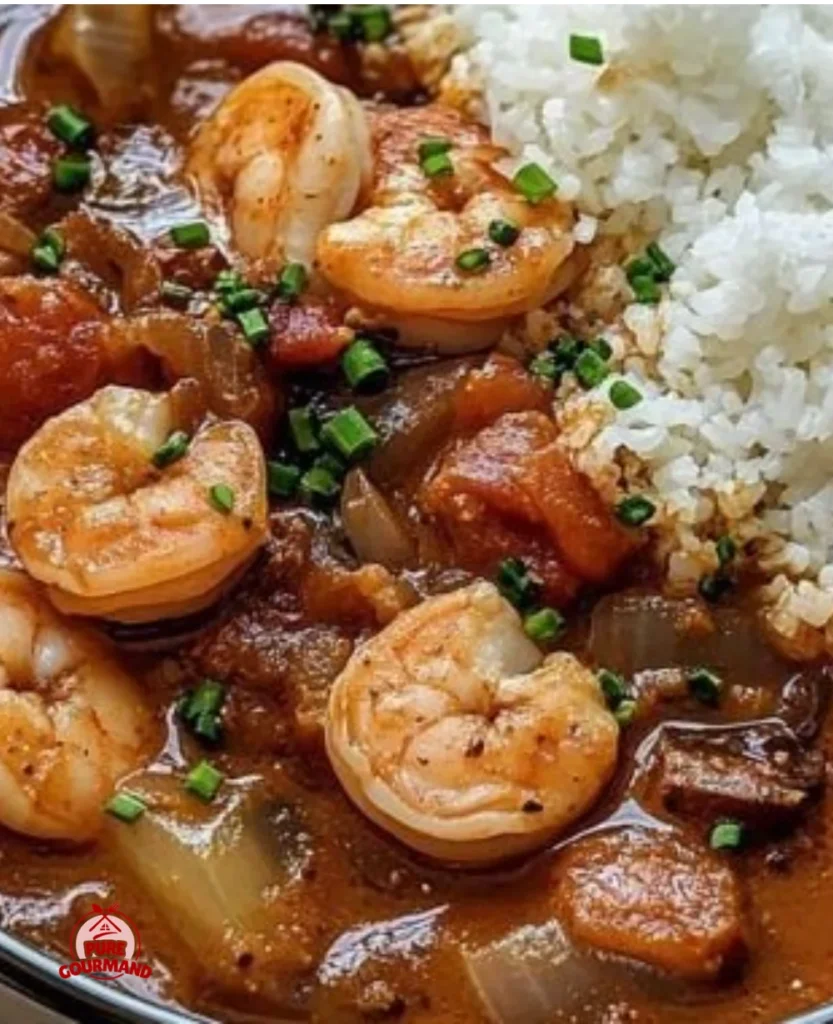 A steaming bowl of classic Cajun seafood gumbo filled with shrimp and spices.