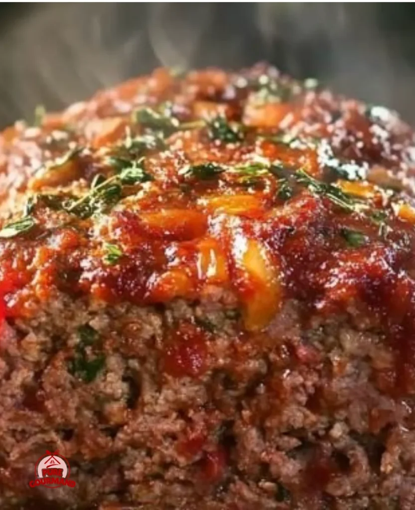 Delicious classic meatloaf served with mashed potatoes and green beans