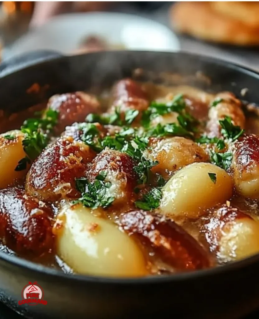 Bowl of Dublin Coddle, a traditional Irish stew with sausages and potatoes.