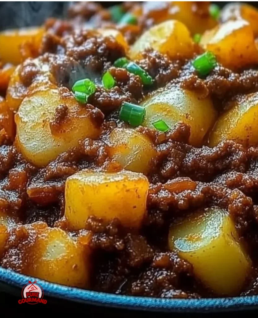 Hearty sloppy joe potato skillet served in a pan, showcasing comfort food.