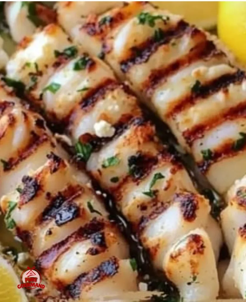 Garlicky grilled squid stuffed with feta, ready for summer enjoyment.